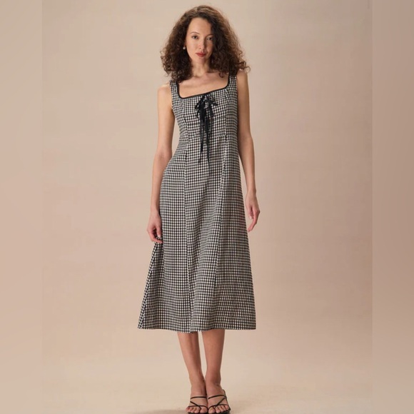 NWT RIHOAS The Black Square Neck Tie Plaid Midi Dress - Picture 3 of 6